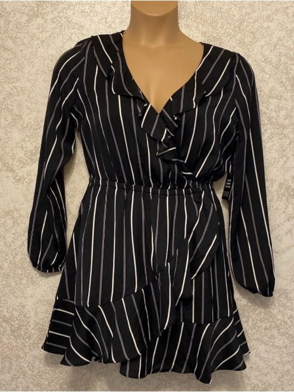 Express Black with White Stripes Faux Wrap Ruffle Dress